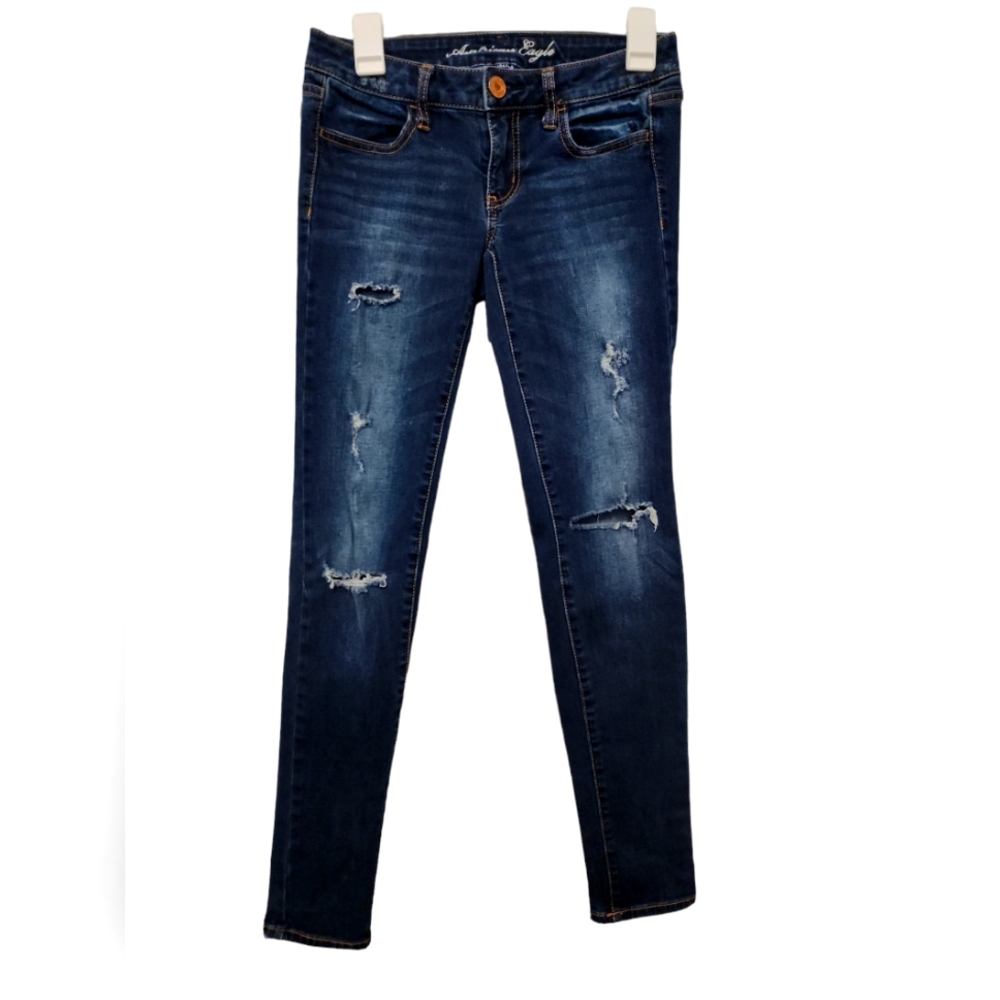 American Eagle Women's Size 4 Stretch Hi Rise Ripped Jegging Jeans Dark Denim